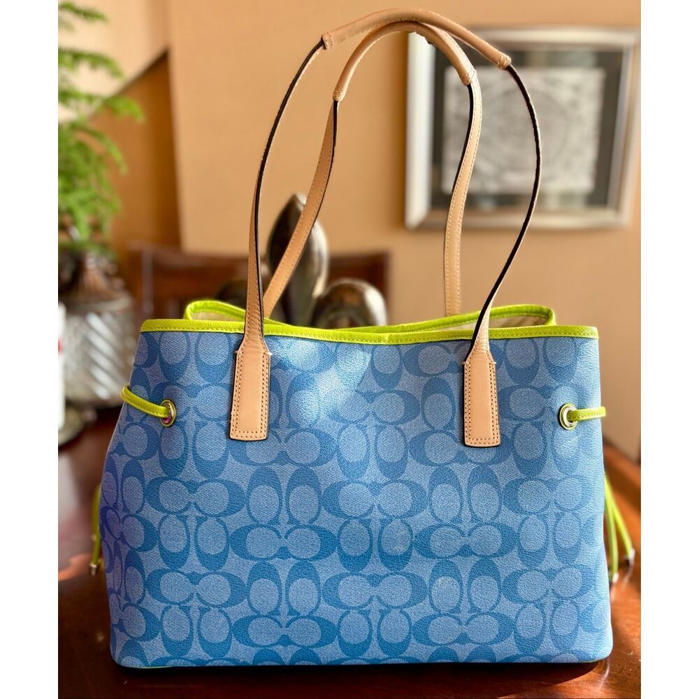 COACH  - Signature Stripe Drawstring Carryall Bag in Blue w/Lime Green Trim - Picture 6 of 14
